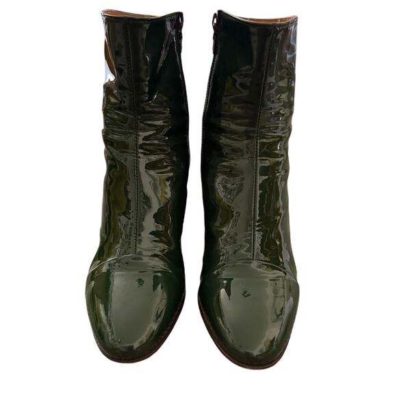 Dries Van Noten Patent Leather Block Heel Mid-shaft Boots Khaki Green w/Dust Bag - Picture 1 of 5